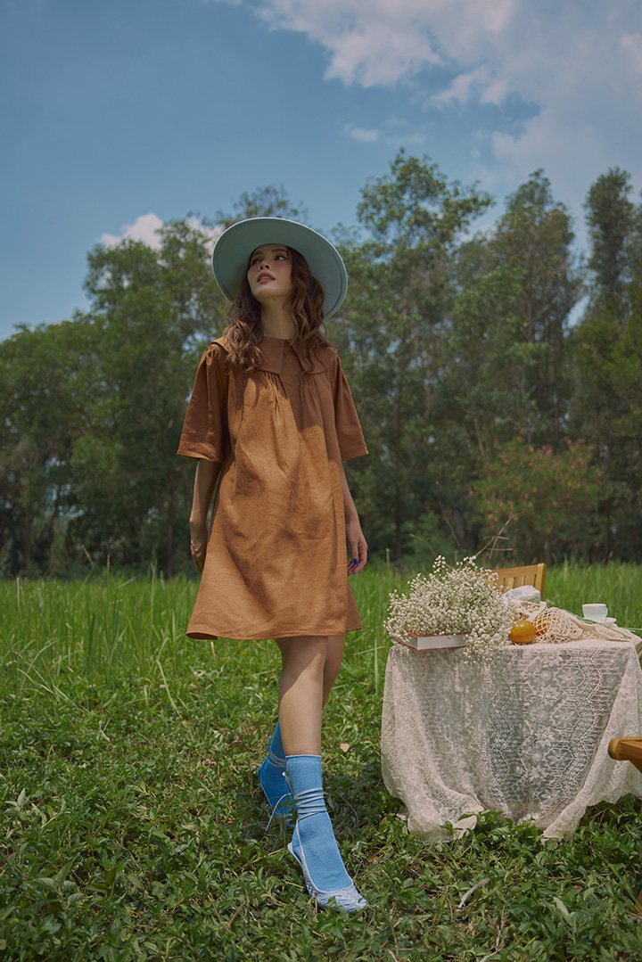 Dress short linen brown sleeveless puff Sy store