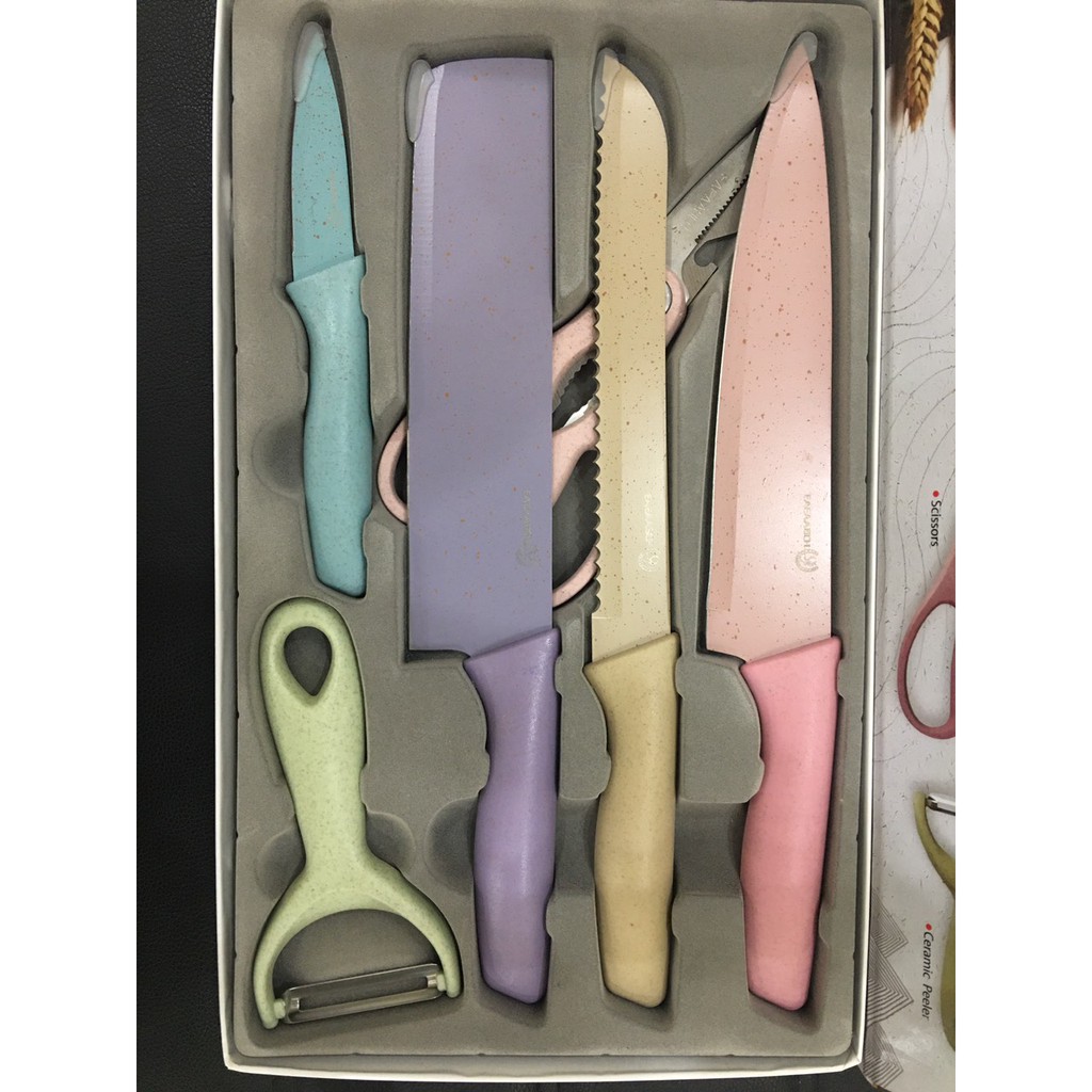 Bộ dao kéo 6 món Kitchen Knife lúa mạch sịn sò siêu sắc bén - Set dao lúa mạch 6 món Kitchen CAO CẤP, HIỆN ĐẠI, TIỆN DỤNG.