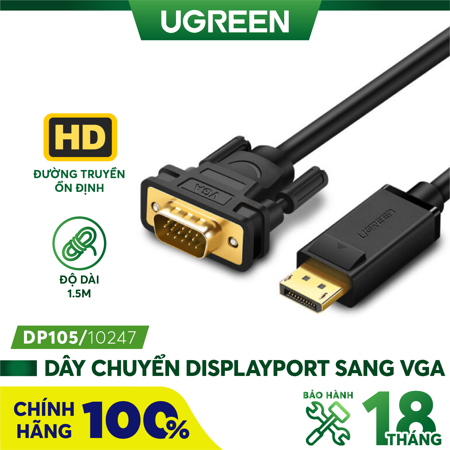 Cáp Displayport to VGA dài 1,5m  Ugreen 10247 cao cấp
