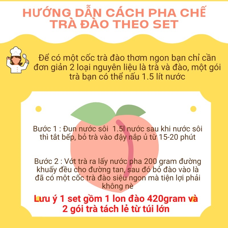 Set combo pha trà đào siêu ngon pha trà sữa - 1 set gồm ( 1 lon đào 420 g và 2 gói trà đào ) pha được 8 ly