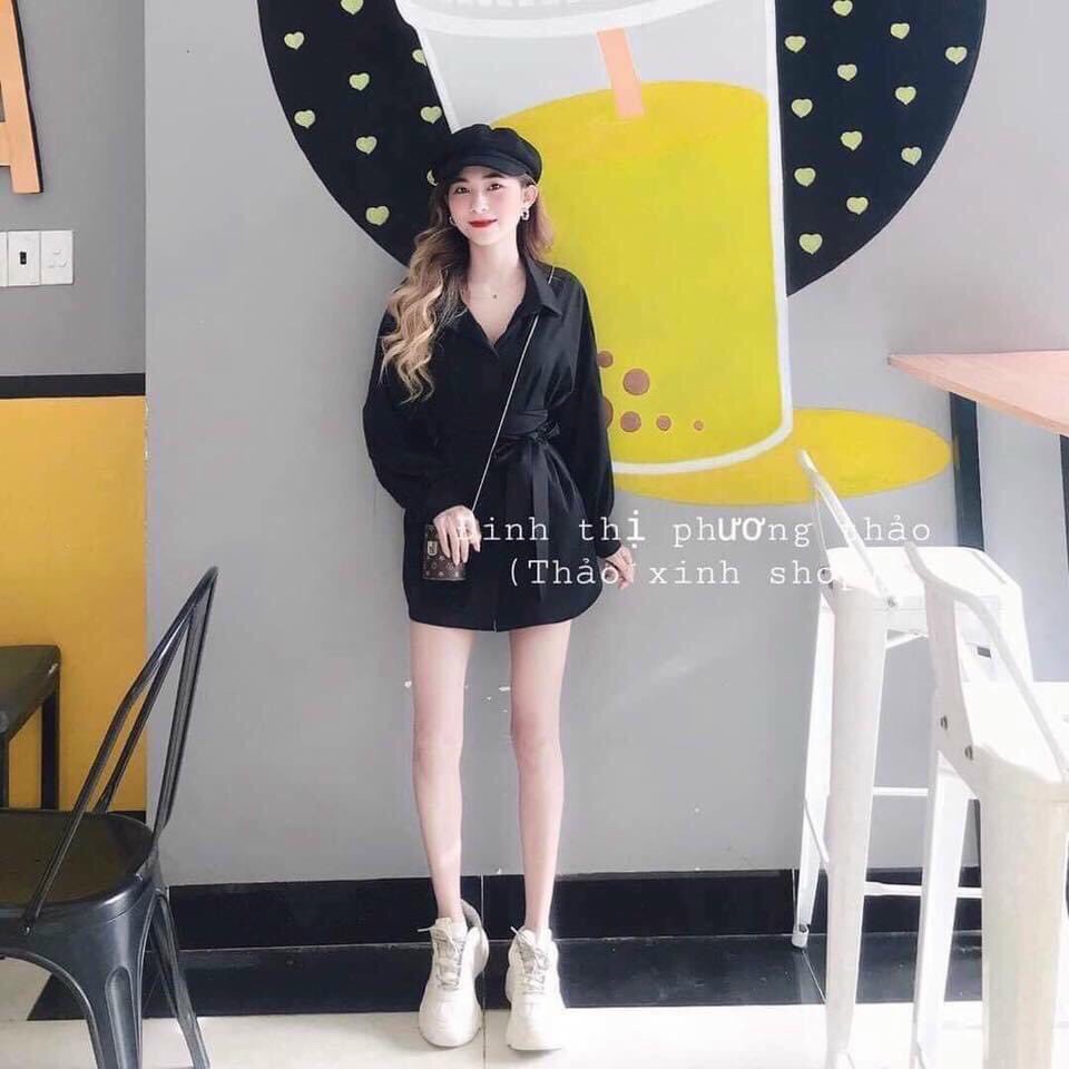 Sét bộ đồ nữ áo sơ mi cột dây eo màu đen