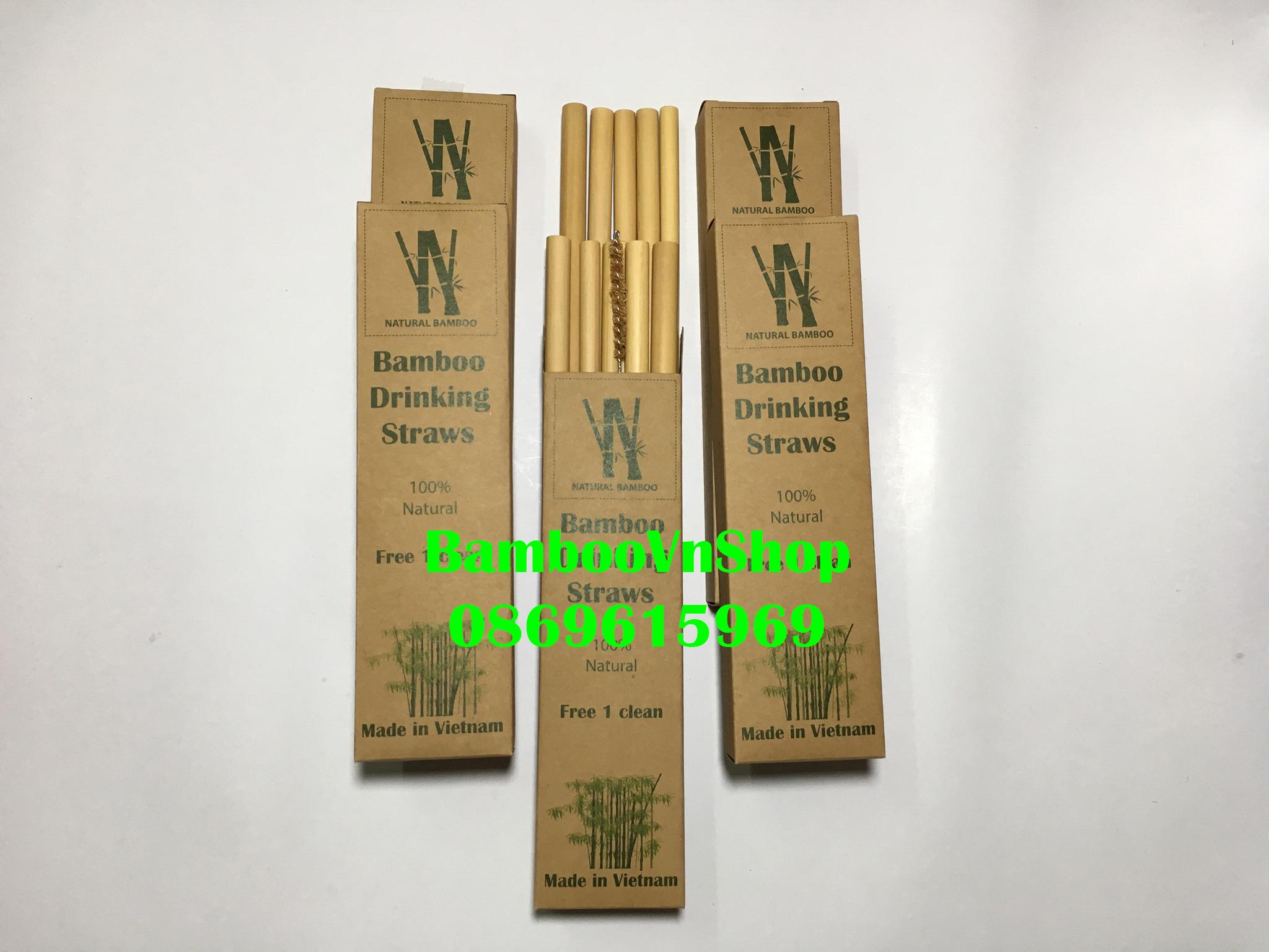 Ống hút tre - Hộp 10 ống hút tre + 1 que cọ xơ dừa - Bamboo Straws