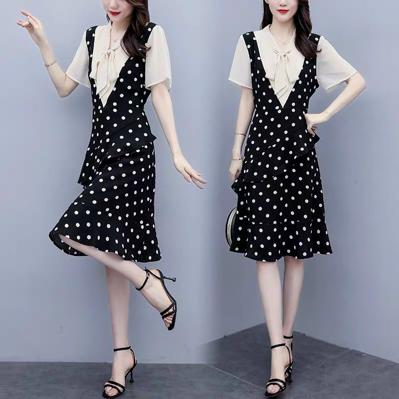 Đầm yếm chấm bi kèm áo-HN#damnu