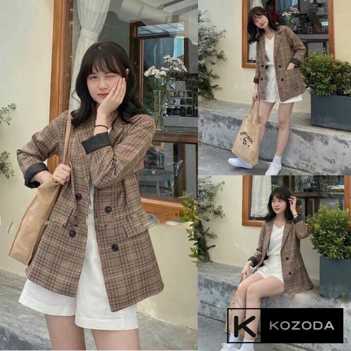 Áo blazer dáng dài sọc caro - phong cách hàn quốc