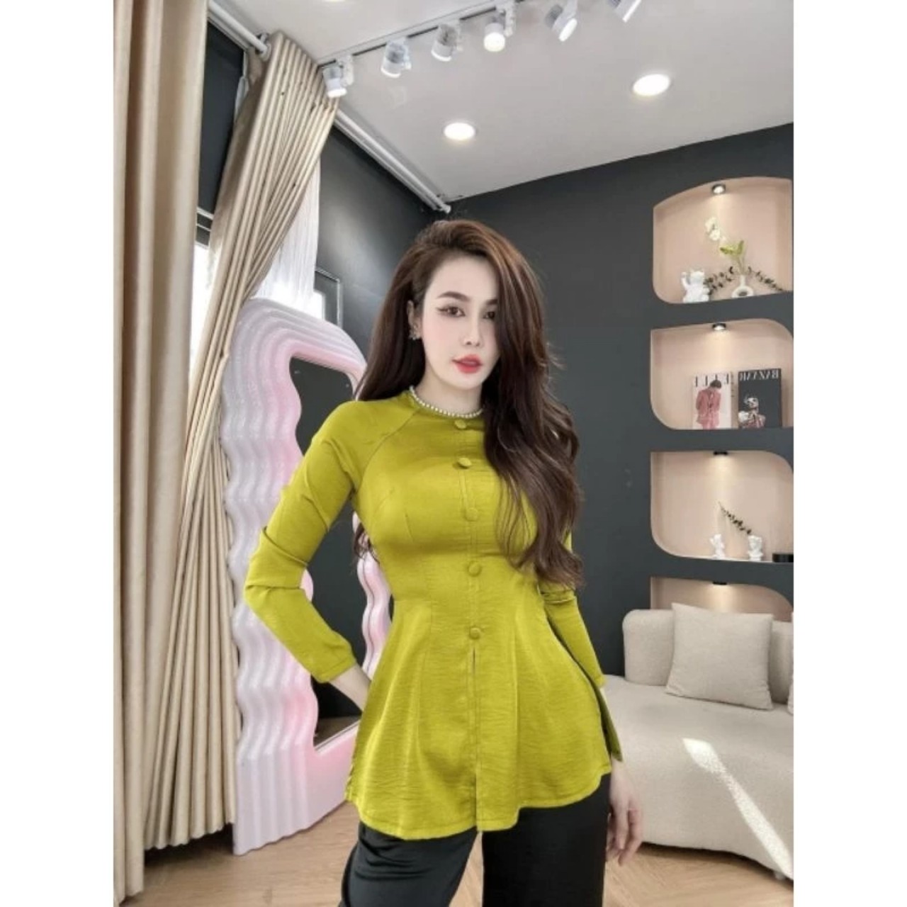 sét bà ba viền ngọc tay dài nút bọc