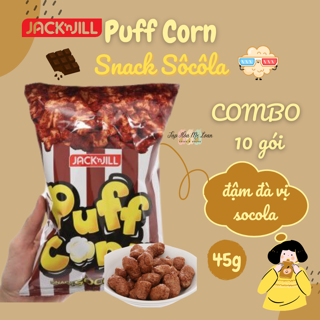 ĂN VẶT TUỔI THƠCOMBO 10 Gói x 45gBánh Snack Bim Bim Bắp Puff Corn Vị Socola