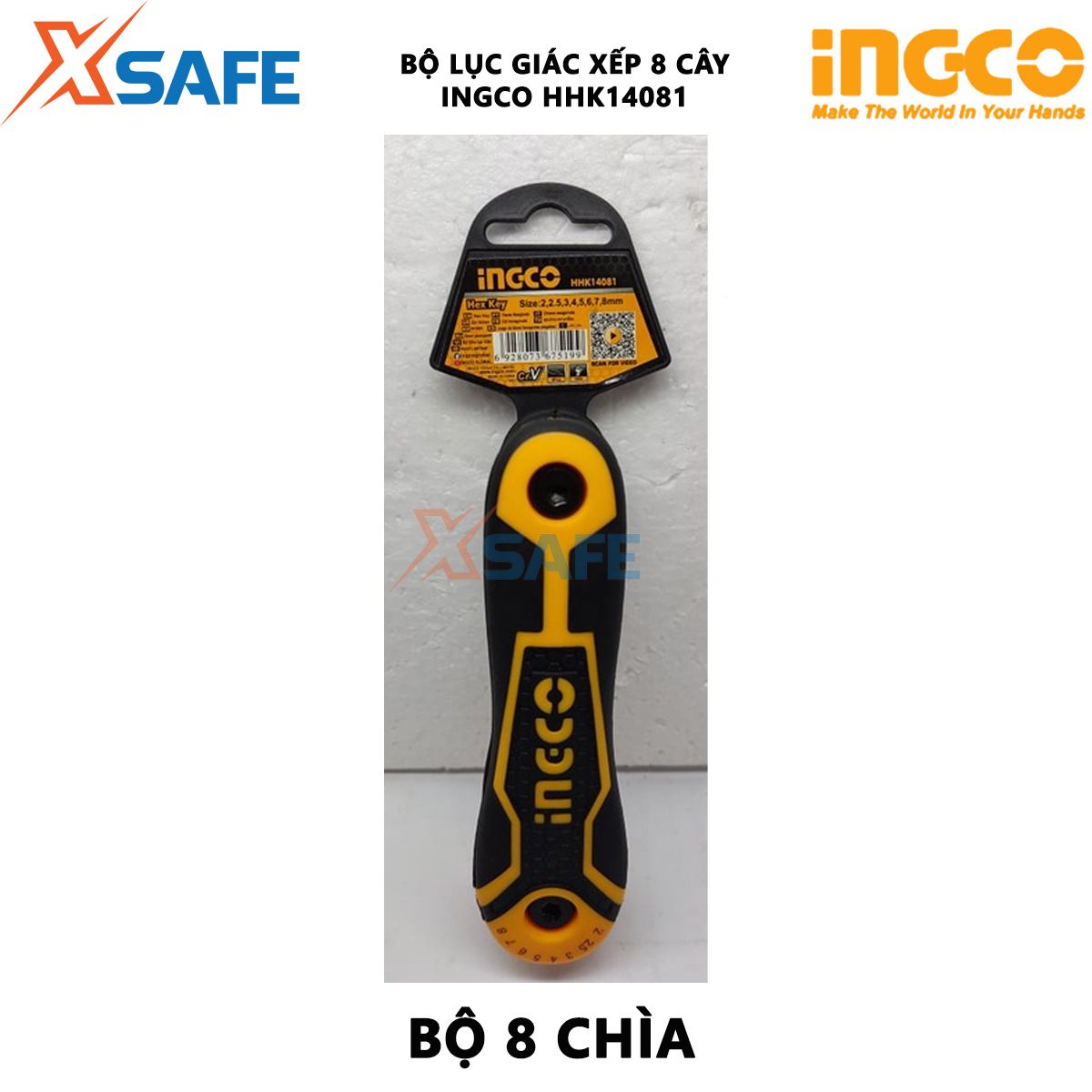 Bộ lục giác xếp 8 cây INGCO HHK14081 Bộ 8 chìa lục giác Kích thước 2-8mm Chất liệu Cr-V mở bulong, đai ốc, tháo lắp các loại ốc vít có đầu lục giác