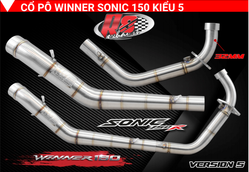 cổ pô inox r8 cho winner - sonic 150 kiểu 5