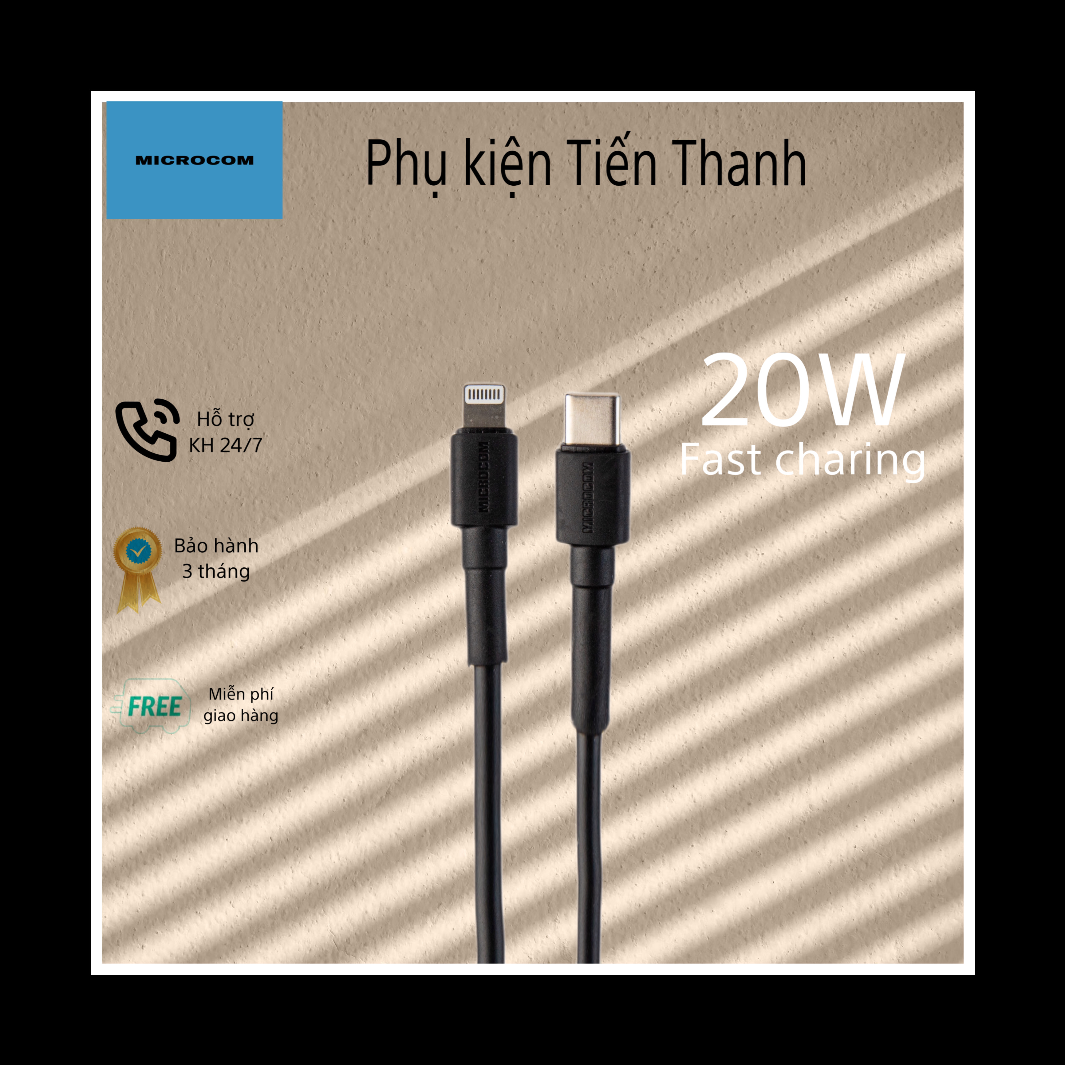 Dây cáp sạc nhanh 20w chính hãng Microcom, chiều dài 1m - 2m