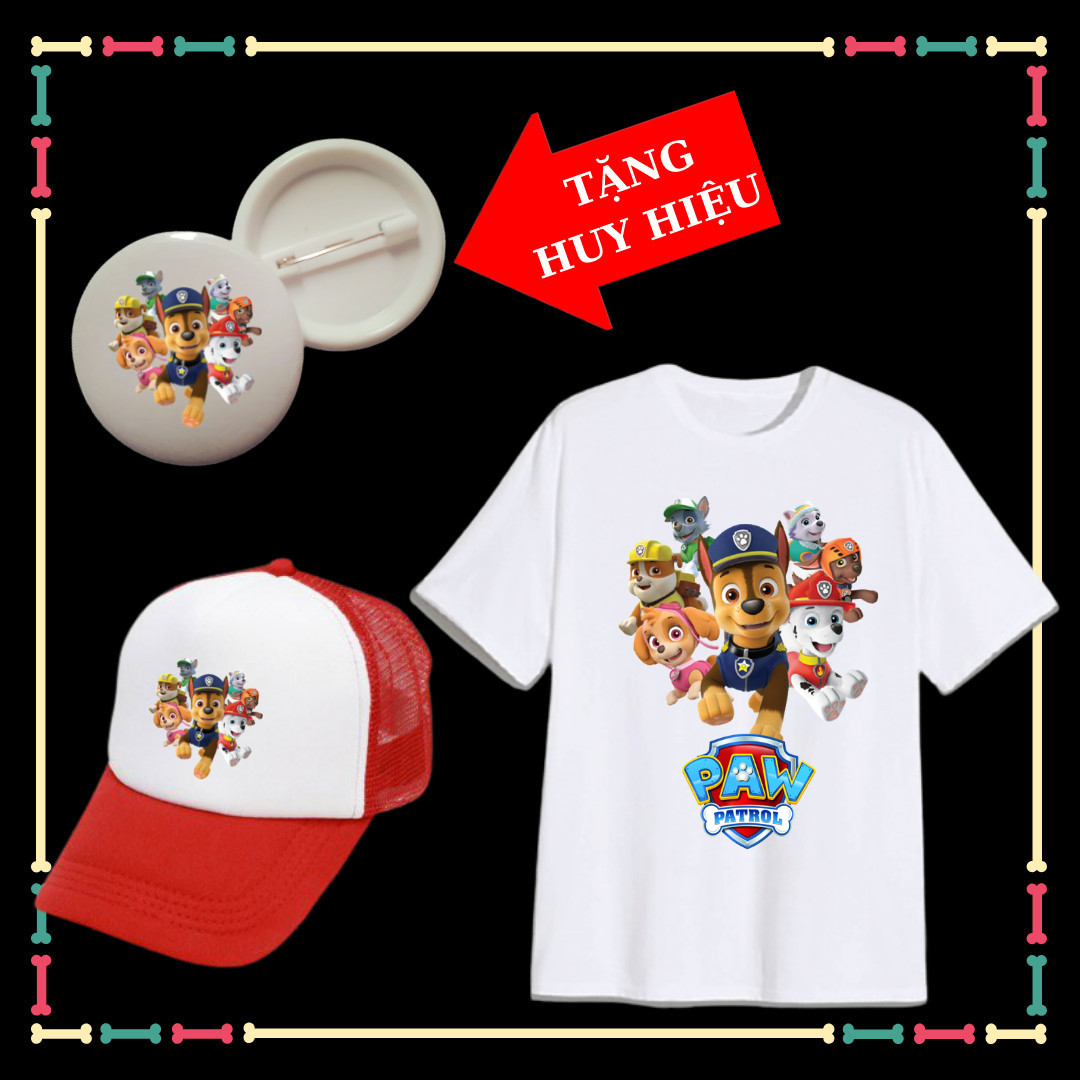 Áo thun bé trai mẫu Đội chó cứu hộ Paw Patrol tay ngắn vải co giãn 4 chiều cho trẻ em, Kèm mũ lưỡi trai, Kèm Huy hiệu