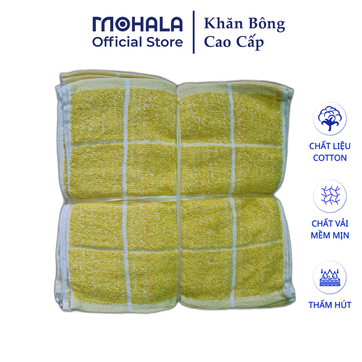 Khăn 4 ô vàng Mohala kích thước 28x28 chất liệu 100% cotton làm khăn lau cao cấp.