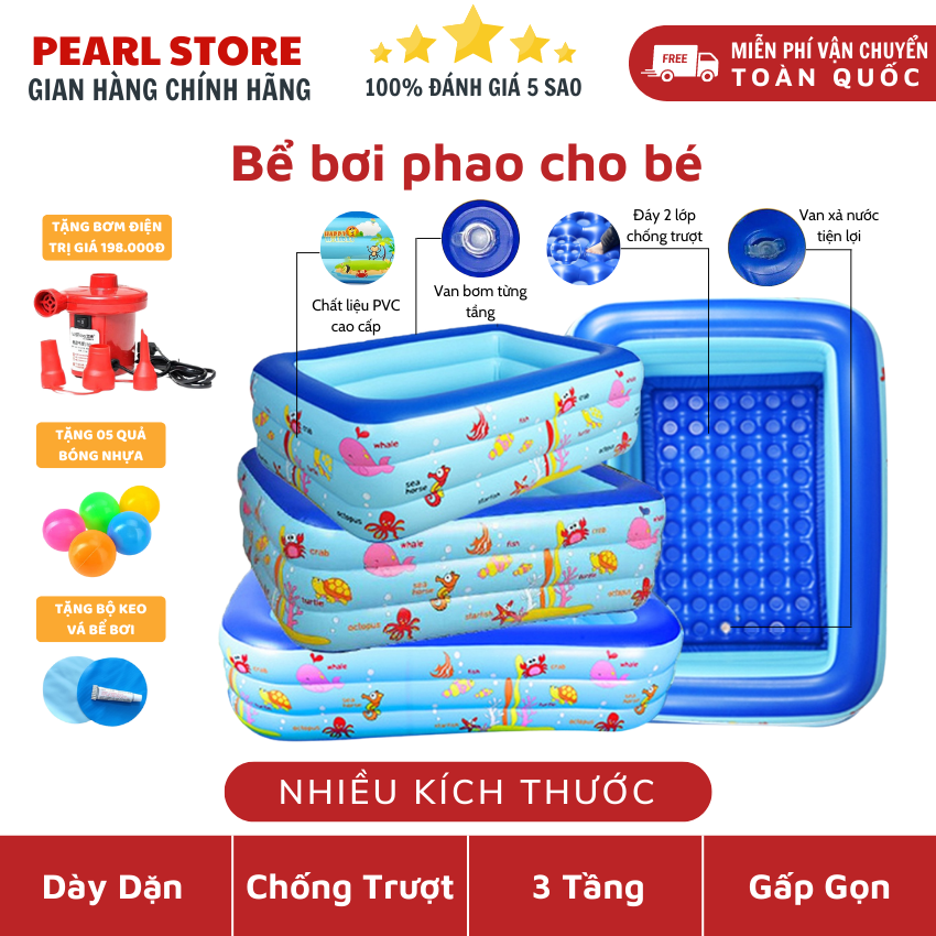 Hồ bơi tại nhà, be bơi phao cho người lớn giá rẻ - bể bơi kaw hình chữ nhật 3 tầng, dày dặn, chống trượt, nhiều kích thước 1m2, 1m3, 1m5, 1m8, 2m1, 2m6, 3m - bảo hành 1 đổi 1 trong 7 ngày, tặng kèm miếng vá + 5 quả bóng