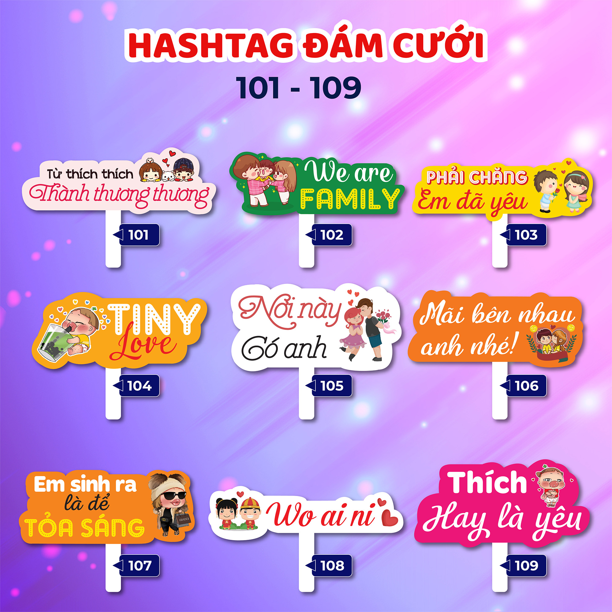 Bảng hashtag cầm tay chụp hình đám cưới (MS 101 - 136)