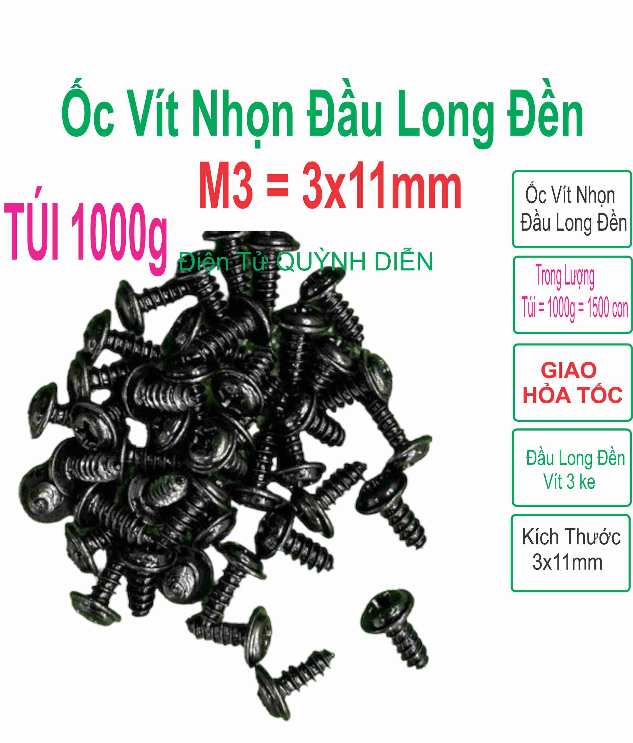 Ốc vít bắt ampli, bắt còng, bắt fet, kích, ốc răng xoắn 3mm dài 11mm ĐEN