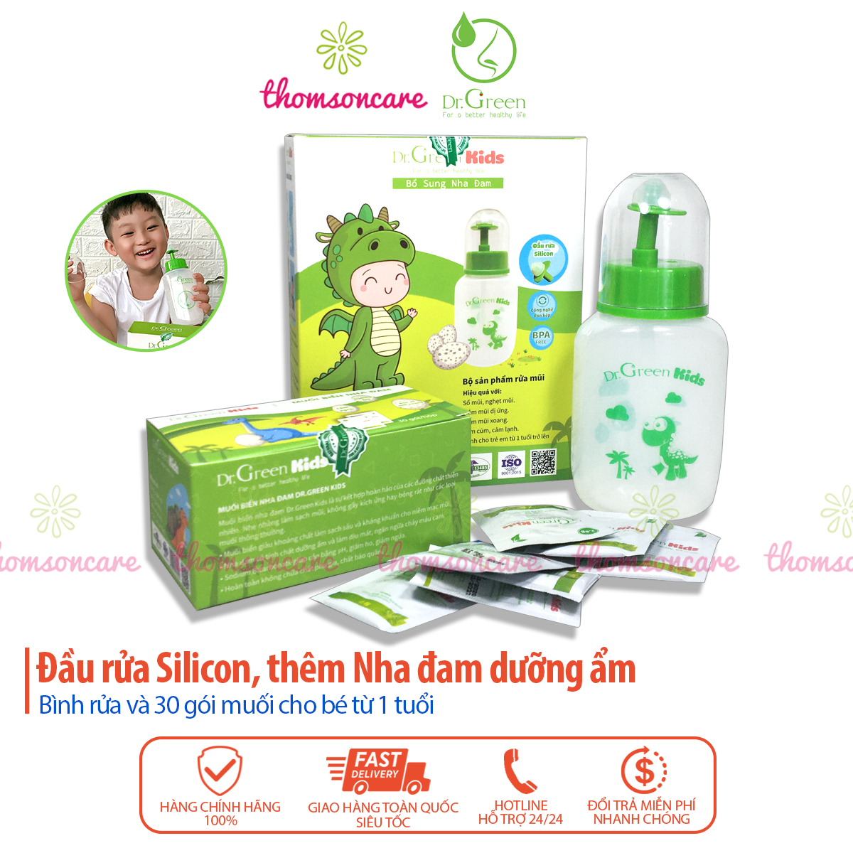 Bình và muối rửa mũi Dr Green Kids, dụng cụ chuyên dụng rửa sạch mũi xoang cho bé và người lớn, giảm ngạt mũi từ lô hội, nha đam