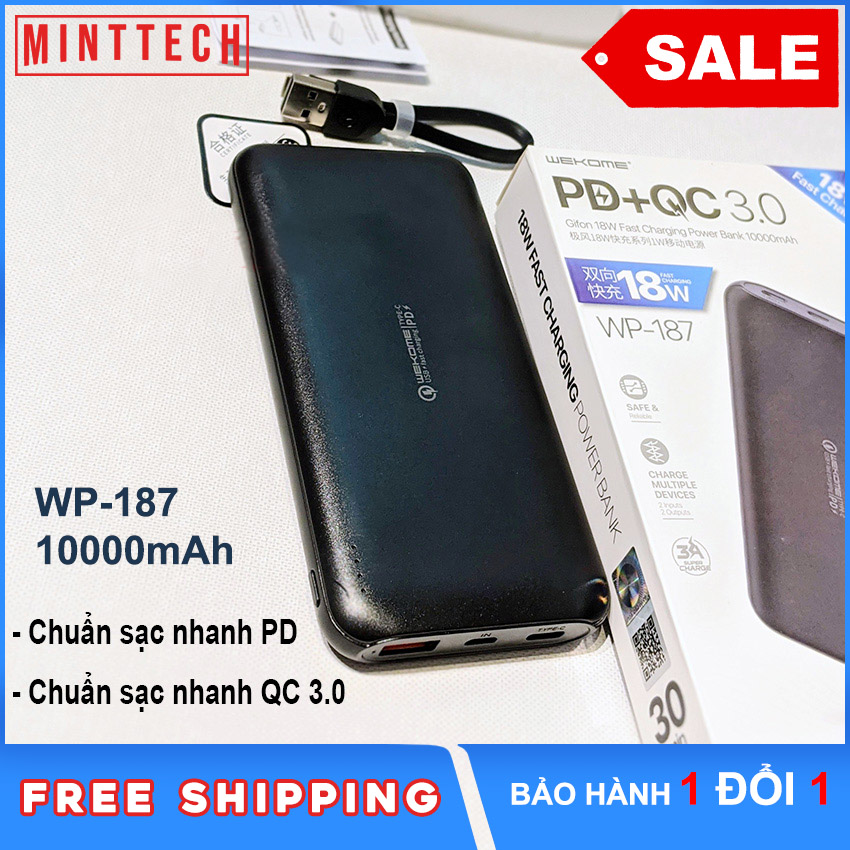 Pin sạc dự phòng sạc nhanh 18W 10000mAh WEKOME WP-187 MintTech chuẩn sạc nhanh PD QC 3.0  hỗ trợ tất cả các thiết bị, chống cháy an toàn