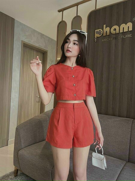 Set bộ áo croptop cài nút quần ngắn xinh xắn năng động chất for dày dặn