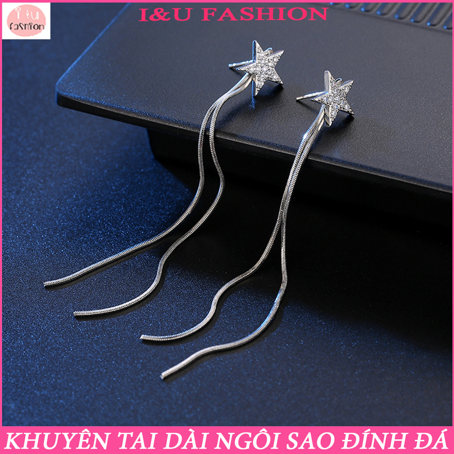 Khuyên tai bông tai hoa tai tua rua dài sợi mảnh màu Bạc hình ngôi sao đính đá phong cách trẻ trung tinh tế cho nữ KT-67