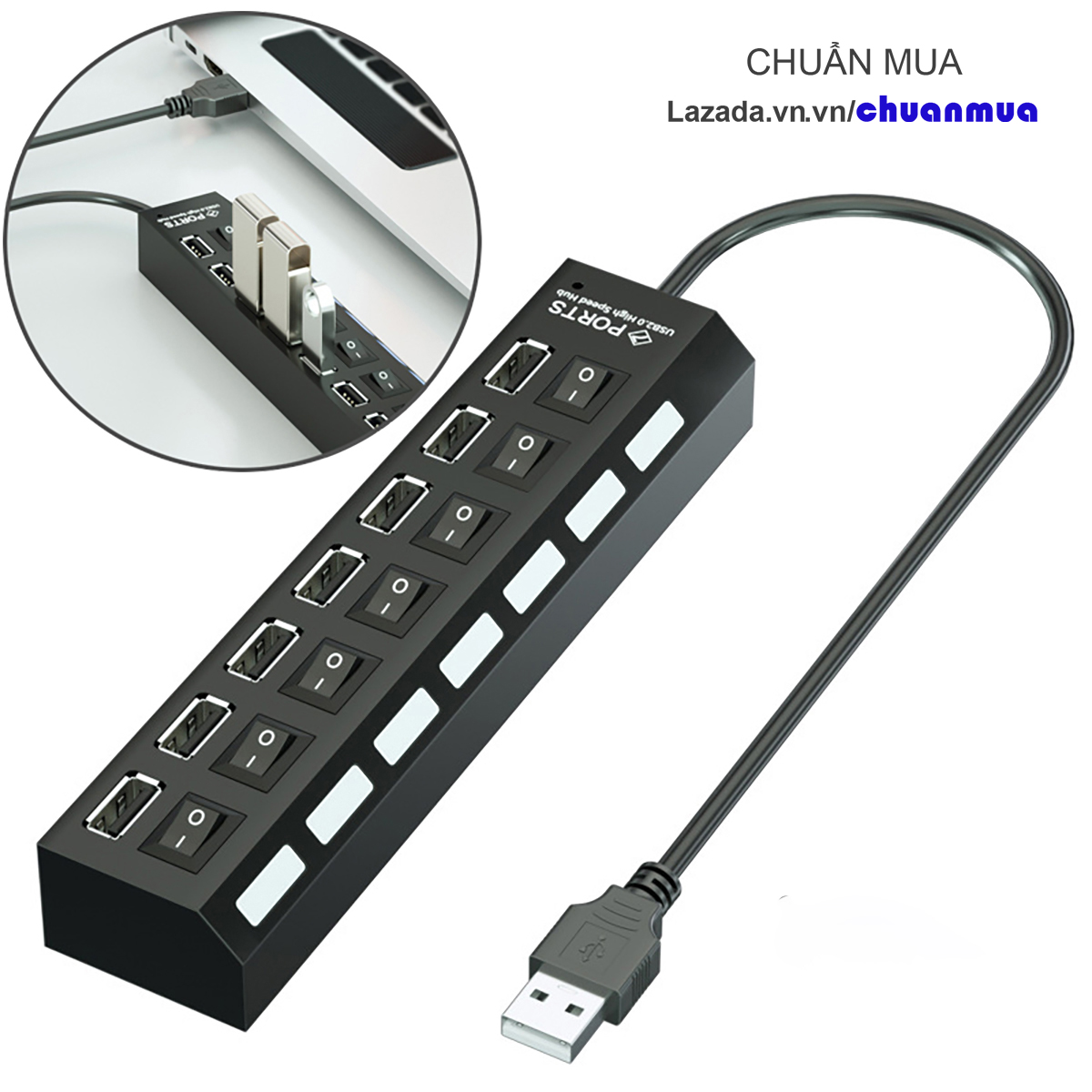 Hub USB 2.0 7 Cổng USB Mở Rộng Kết Nối đa Năng với Laptop PC USB Port Splitter ( Bộ Chia Cổng USB Có Công Tắc Đèn Led )