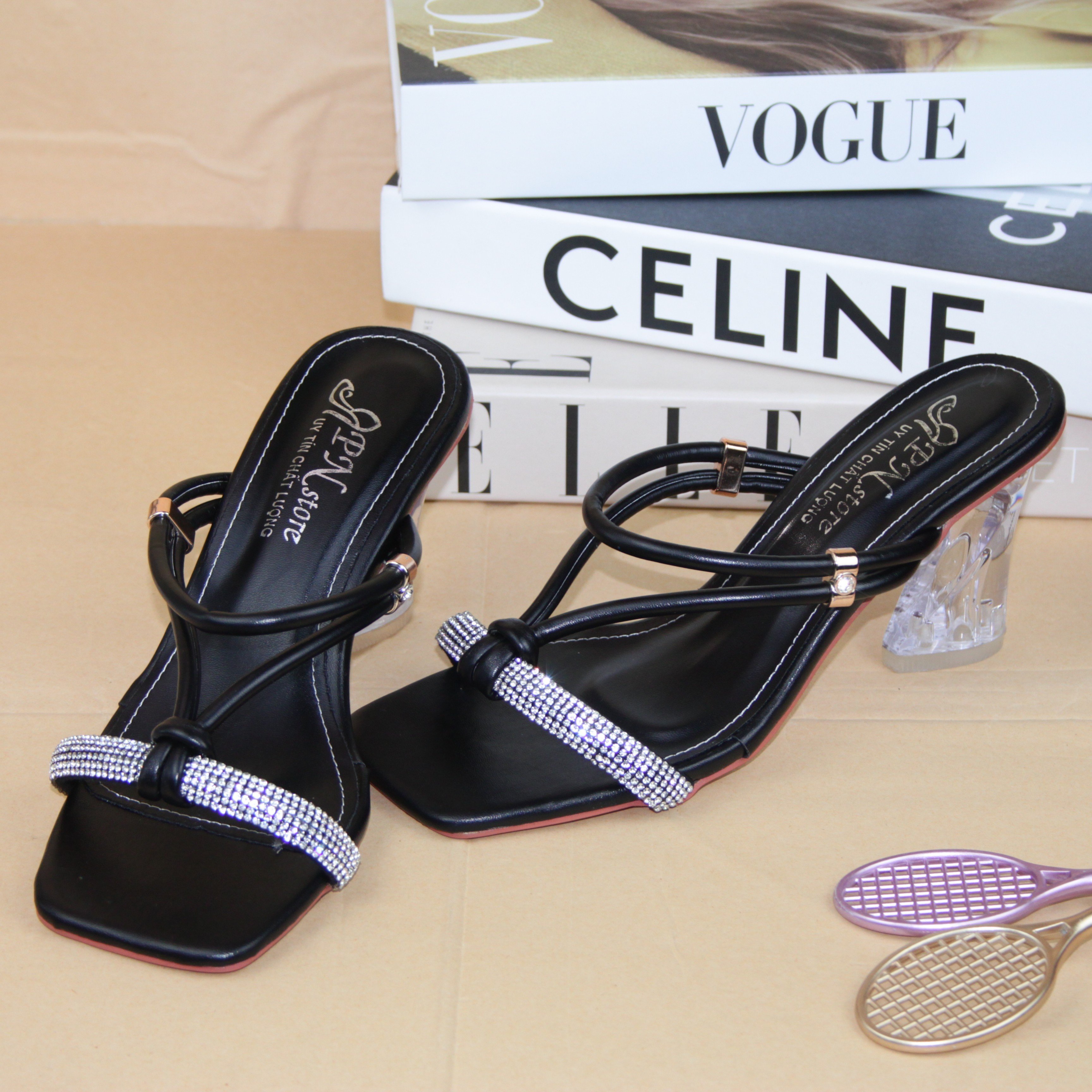 Giày sandal nữ cao gót kiểu trong suốt 8p quai đính full đá dây tròn 2 kiểu mang - SD113