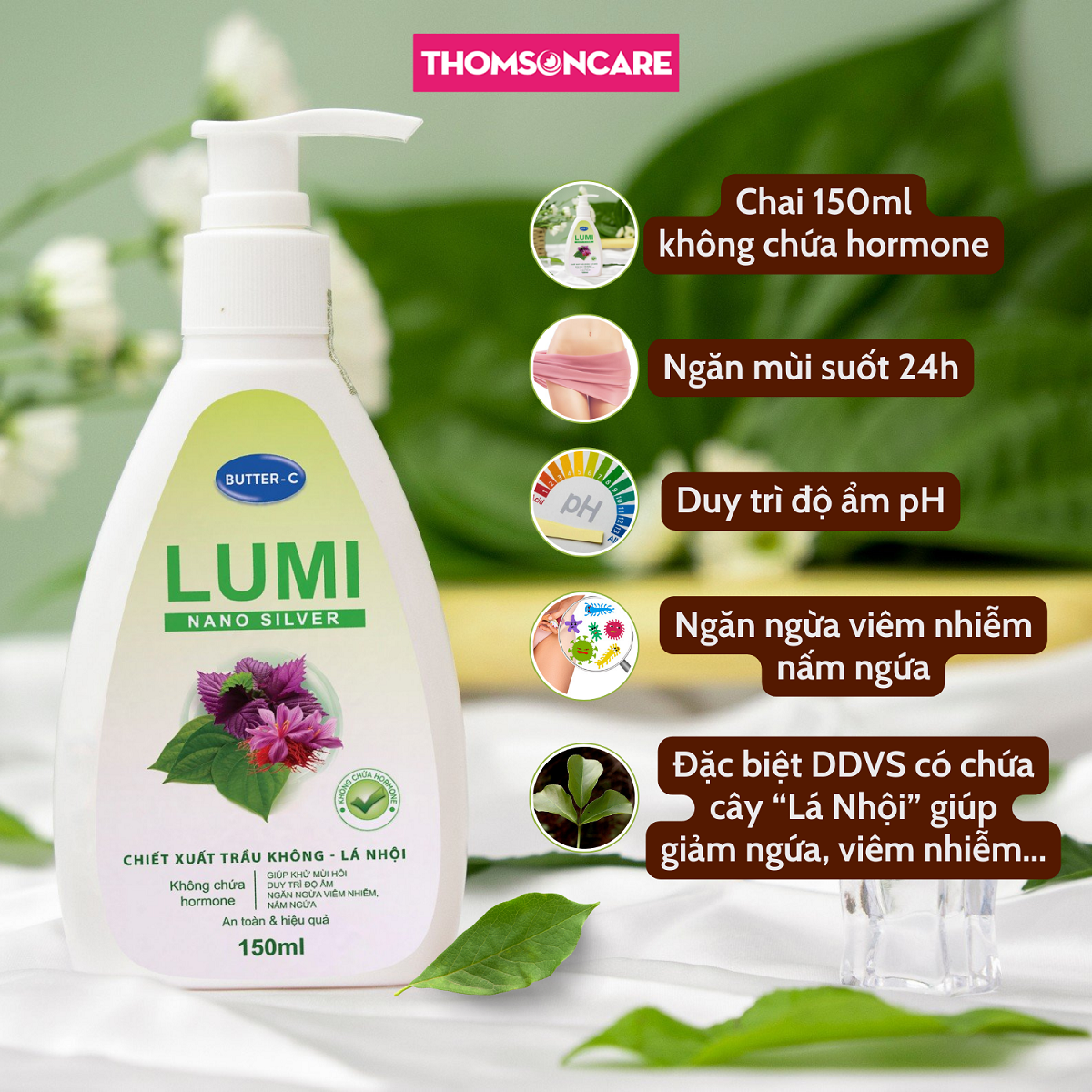 Dung dịch vệ sinh trầu không Lumi Nano Silver mẫu mới - Chai Ngày dài tươi mát - ddvs rửa phụ khoa từ lá trầu không chai 150ml có vòi - Thomsoncare