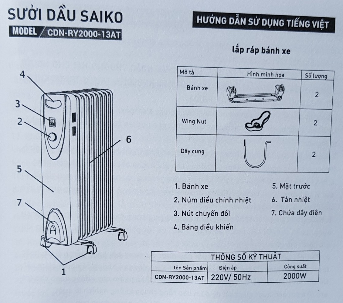 Máy sưởi dầu Saiko CDN-RY2000-13AT - 13 Thanh