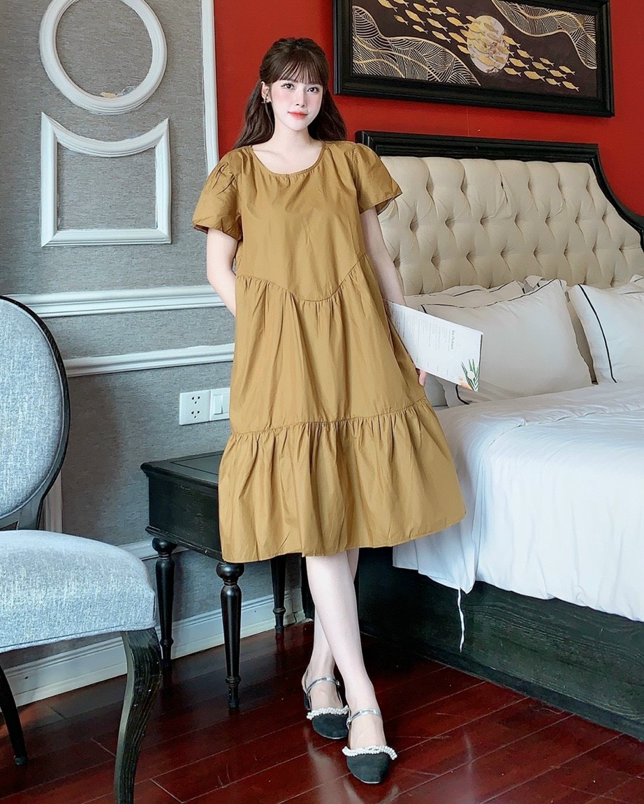 Váy bầu dáng suông đuôi cá cách điệu - đầm bầu công sở hè cộc tay free size