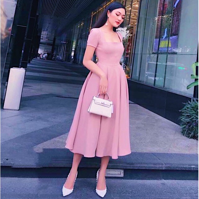 Đầm xoè cổ vuông 2 màu