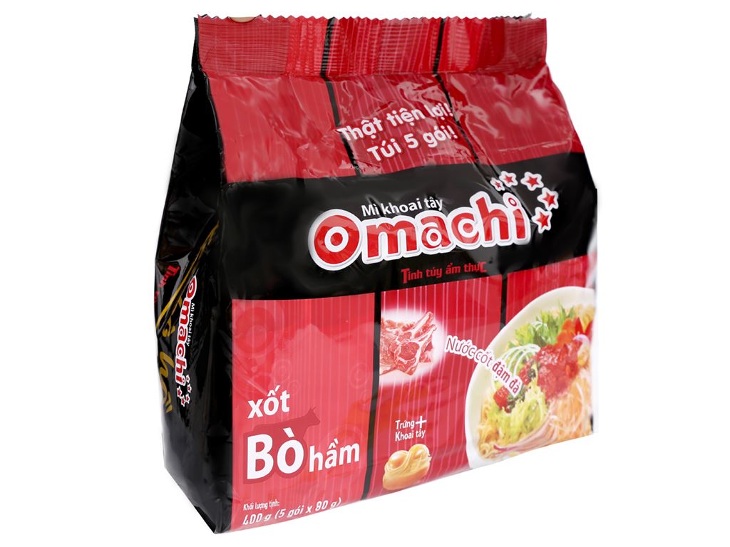Lốc 5 gói Mì khoai tây Omachi Sườn hầm/Tôm chua cay/Bò hầm