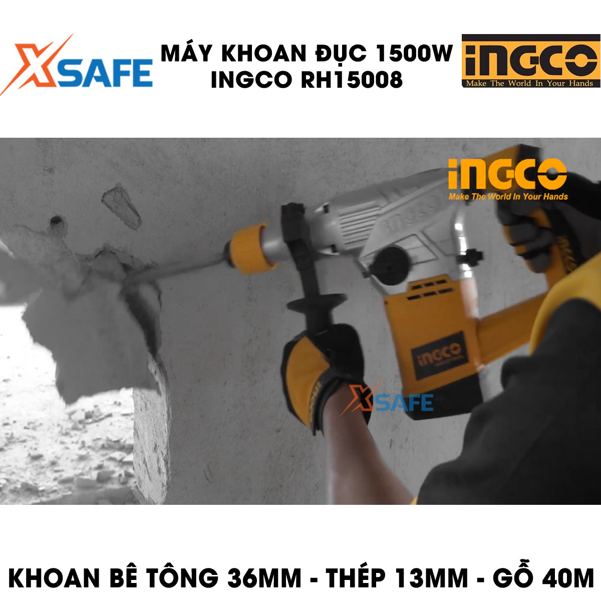 Machine drill chisel 1500W INGCO RH15008 attached 3 drill bit Tuck and 2 tip chisel. Machine drill chisel hand have no-load speed 750 within minutes, speed beating 3000 BPM, force beating 5J, genuine warranty 6 months-product genuine XSAFE