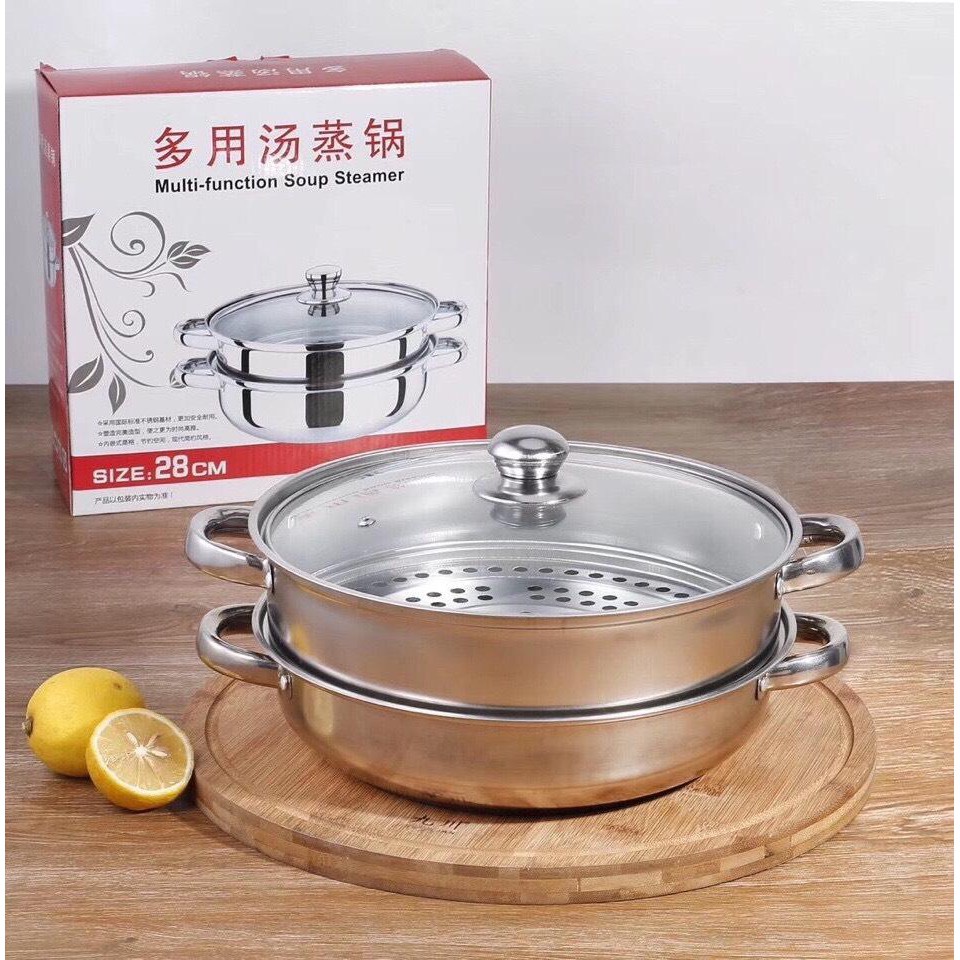 [HCM]Nồi và Xửng Hấp Inox 2 Tầng 28cm HỘP ĐỎ - Nồi hấp cách thủy - Nồi hấp nắp thủy tinh