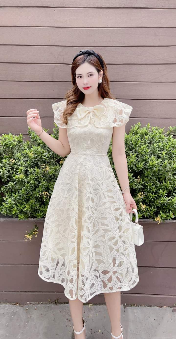 HÀNG MỚI VỀ, ẢNH THẬT - Đầm ren thiết kế cổ nơ cao cấp, Váy dự tiệc cho nữ sang trọng dáng xòe chất ren mềm đẹp, tông màu mặc siêu sang chảnh trắng da - TỔNG KHO XU XU SHOP