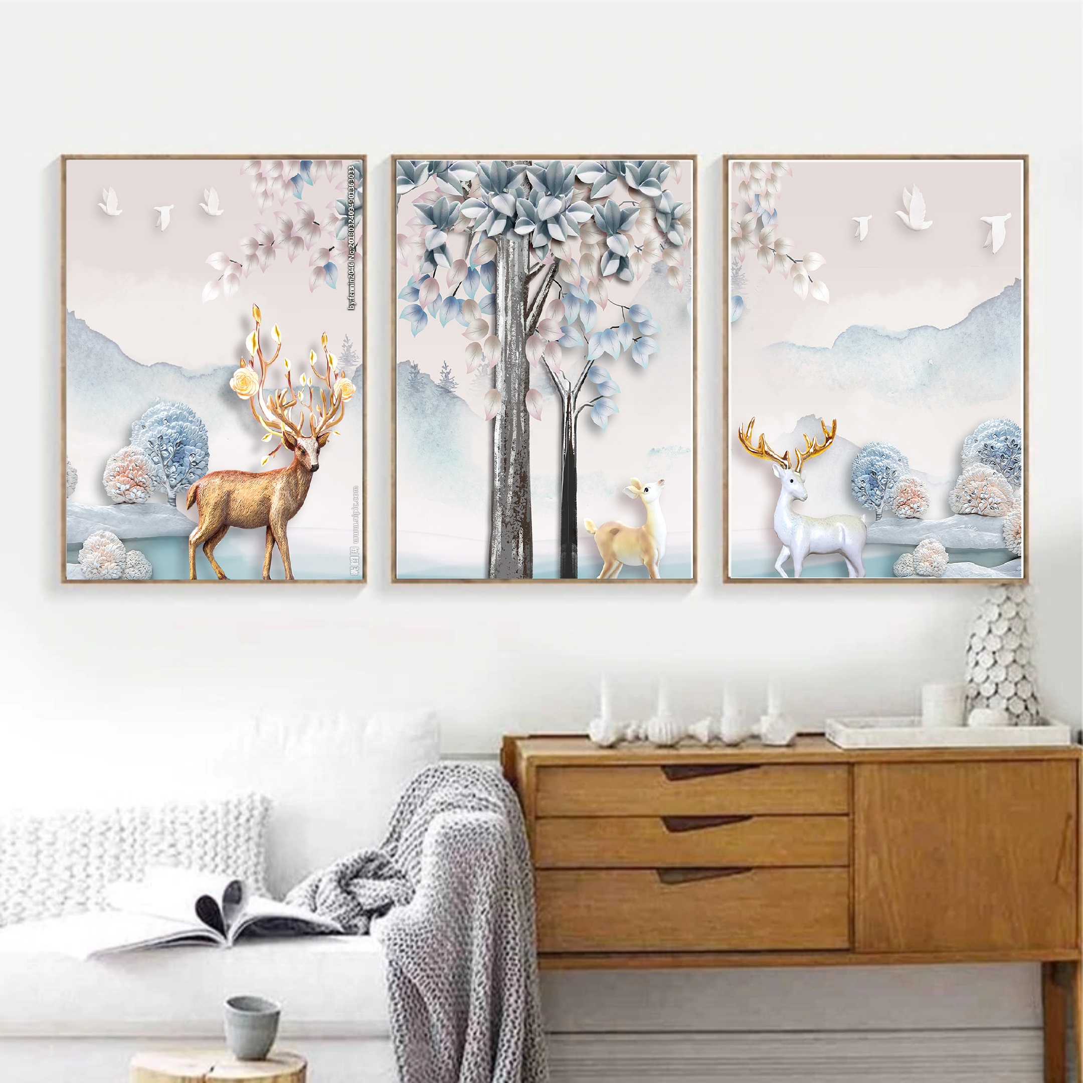 Bộ 3 tranh treo tường lá nhiệt đới tặng khung composite kèm đinh 3 chân chuyên dụng không cần khoan tường - pvp-dc0314