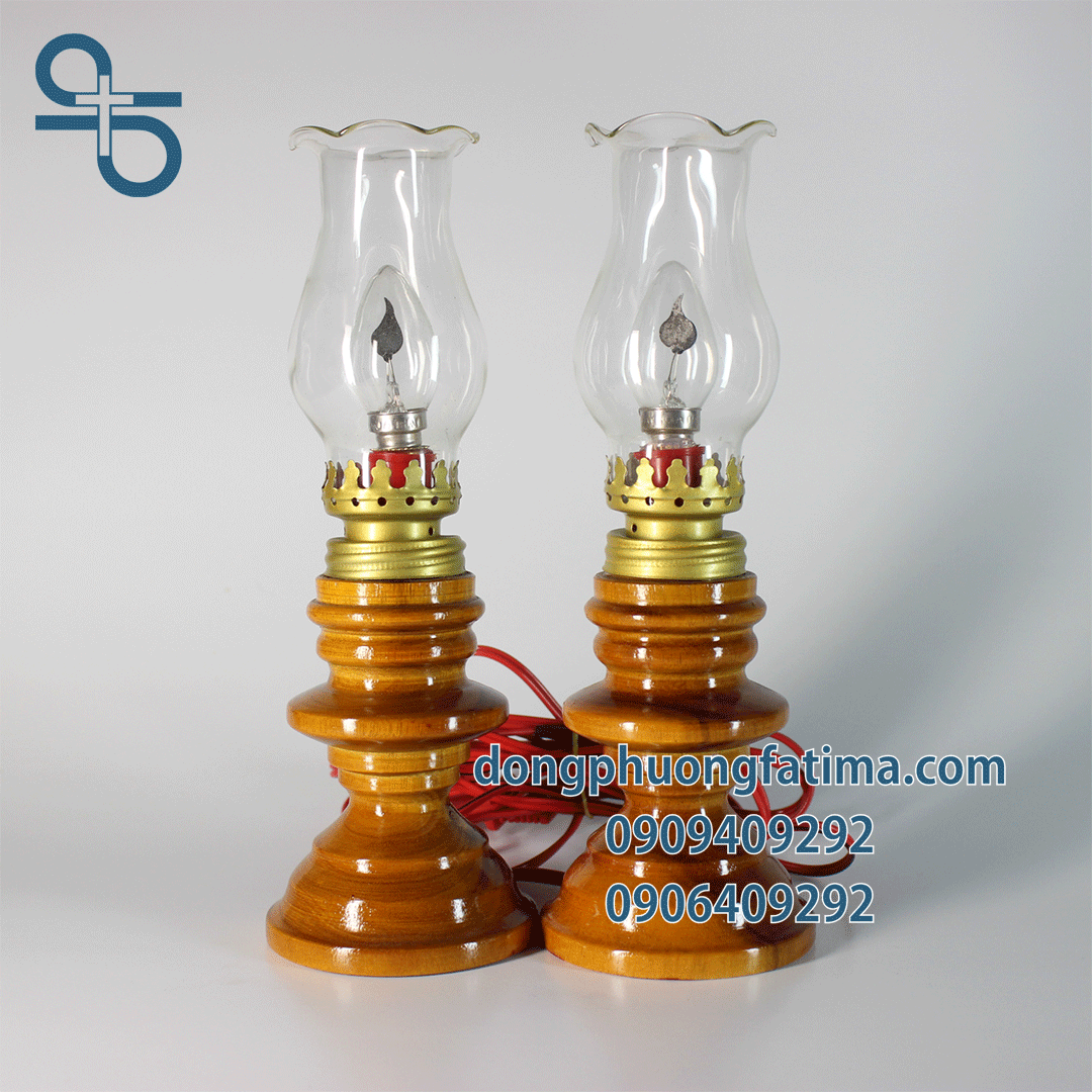 Đèn Bàn Thờ2 Cây Đèn Dầu Điện 20cm (Màu Gỗ Nâu Trầm)