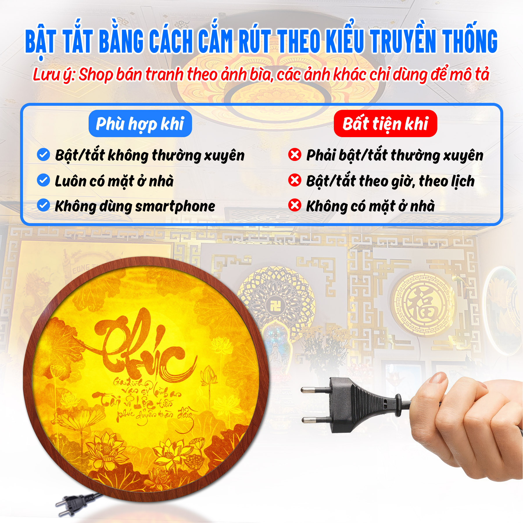 Đèn thờ hào quang phật tranh trúc chỉ tròn chân thiện mỹ, trang trí bàn thờ, hào quang trúc chỉ chữ phúc việt tc-hq-38