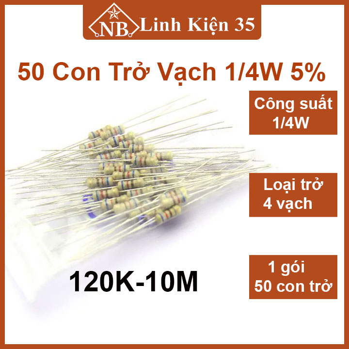 Gói 50 con trở vạch 1/4w 5% giá trị điện trở 120k → 10m