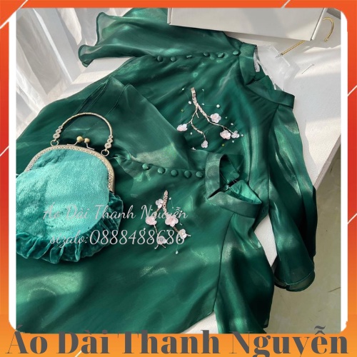 Áo Dài Tết Voon Tơ 4 tà May Sẵn ( linn xanh + Đỏ )