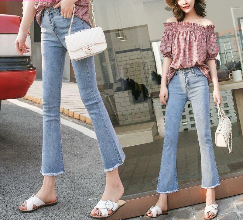 quần jean nữ ống loe tua lai 963 túi xéo tịnh