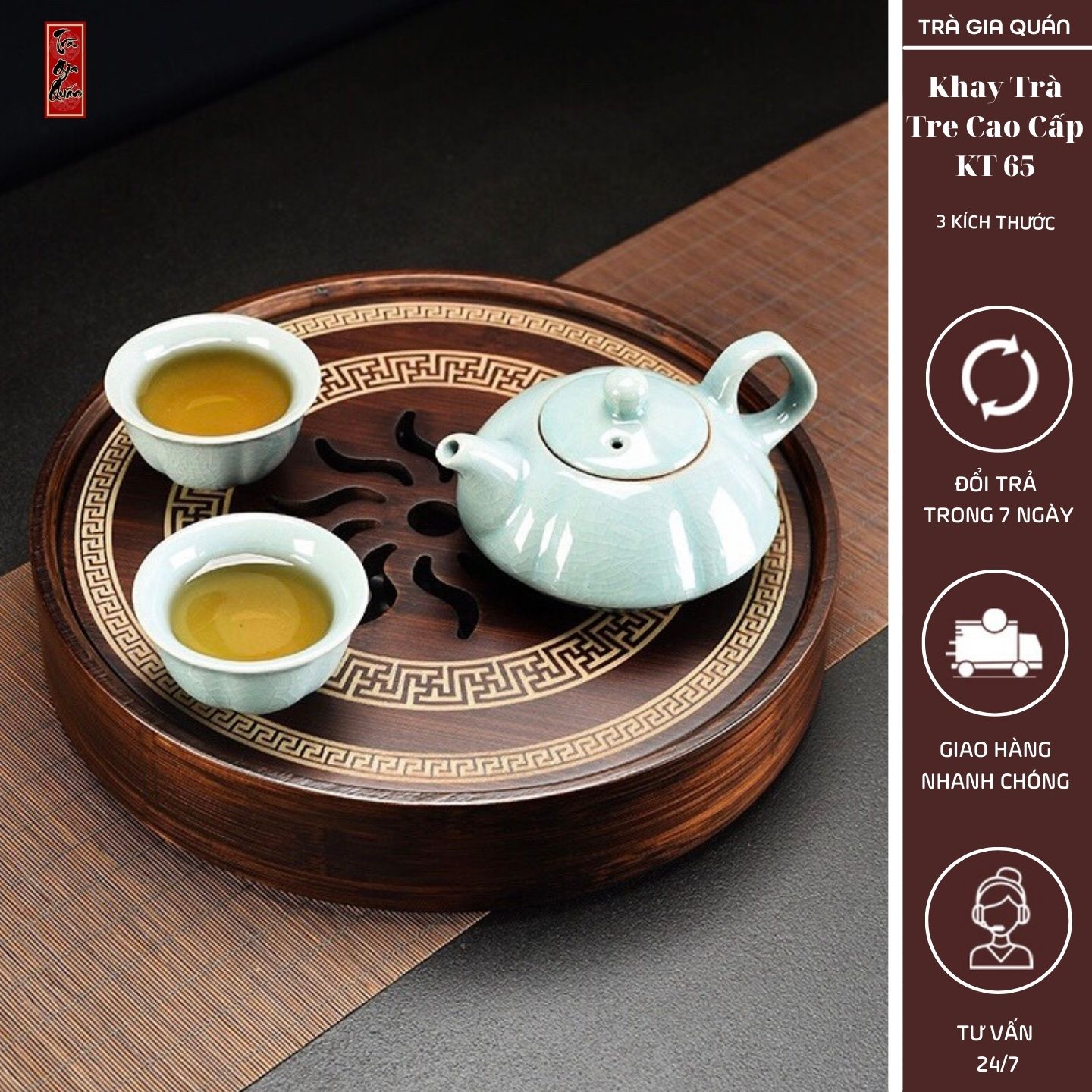 Khay Trà Tre Cao Cấp Hình Tròn  3 Kích Thước KT 65