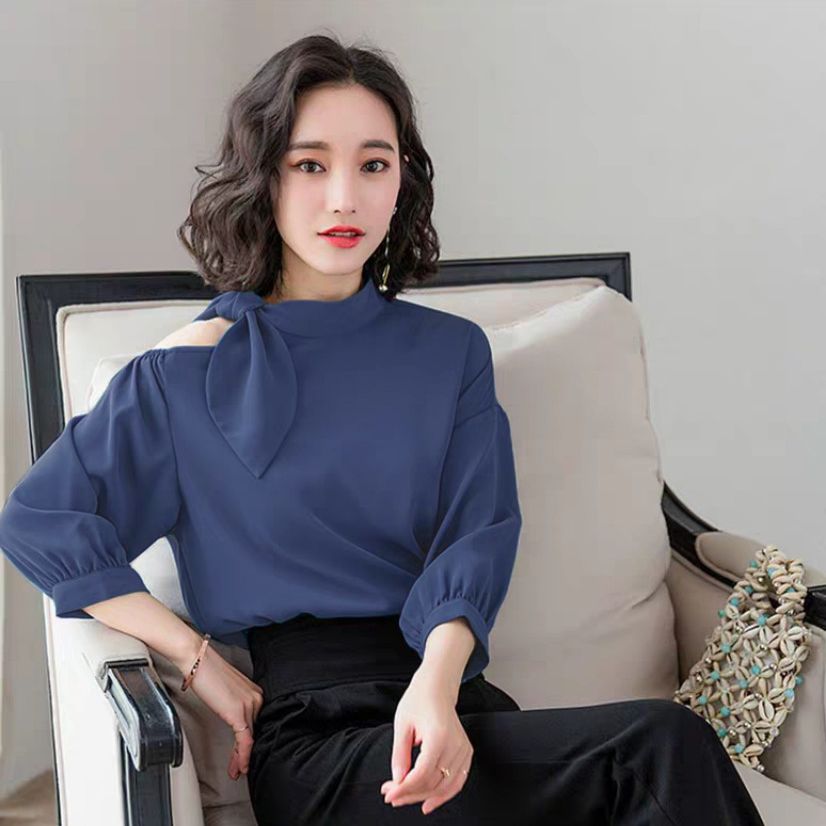 [HCM] Áo Sơ Mi Phối Nơ Vai Xanh Phi Lụa Cách Điệu BEYEU1688 - BY3320
