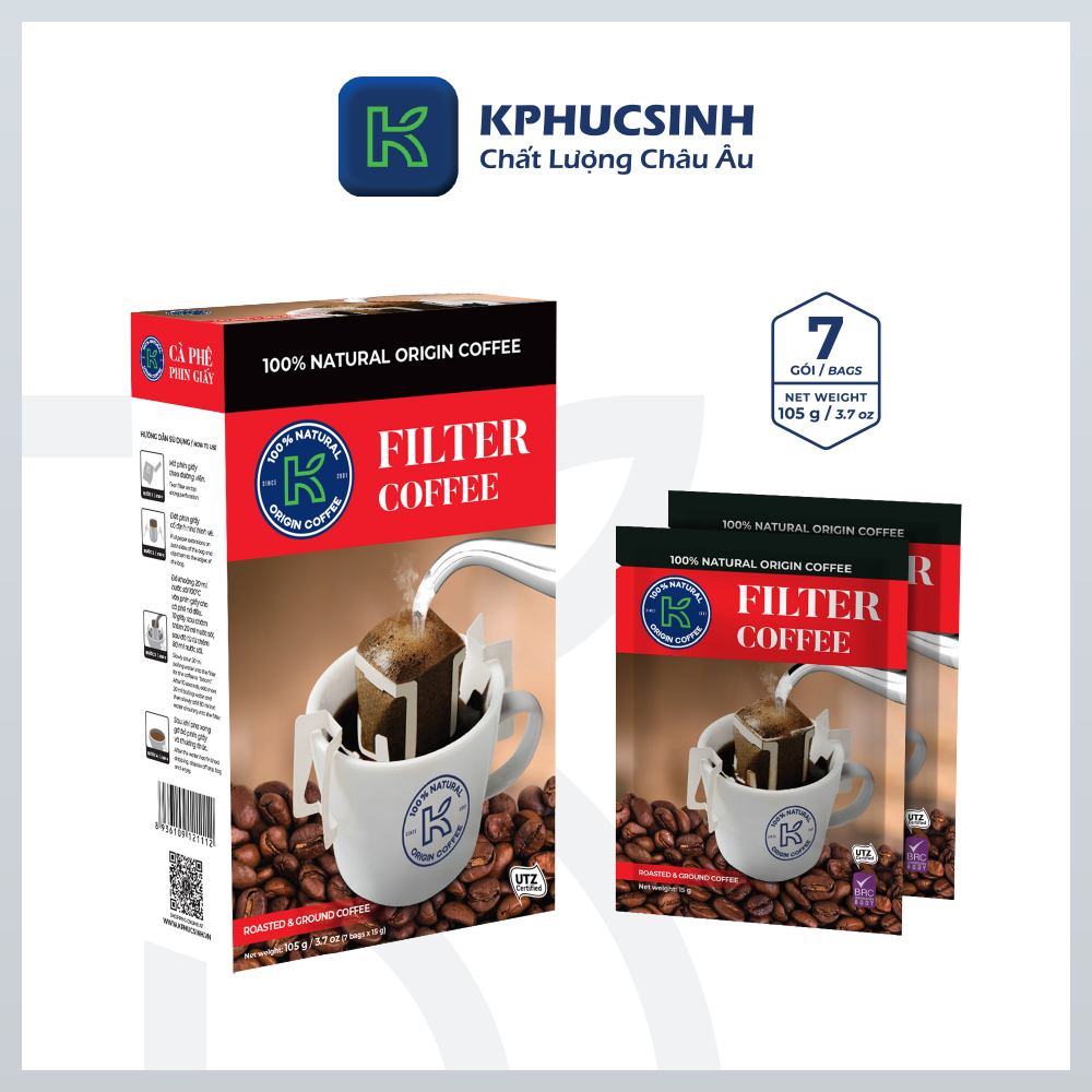 [COMBO MUA 2 TẶNG 1] Date 11/2026 Cà Phê Phin Giấy K Coffee Nguyên Chất Arabica & Robusta K Filter 105G (Hộp 7 Gói x 15G)