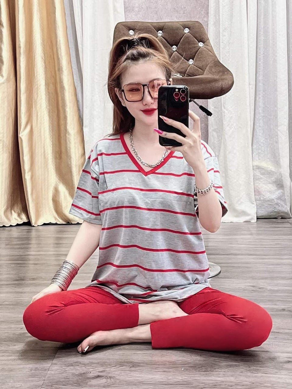 Set Bộ Cotton Cổ Tim Sọc Thời Trang- Y Hình