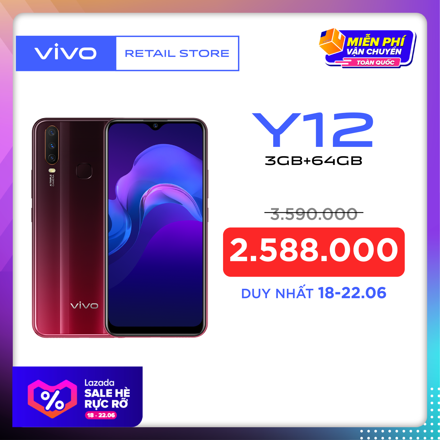 Điện thoại Vivo Y12 (3GB/64GB) 3 camera màn hình 6.35" 2 nano sim - Bảo hành chính hãng|ProductId:457