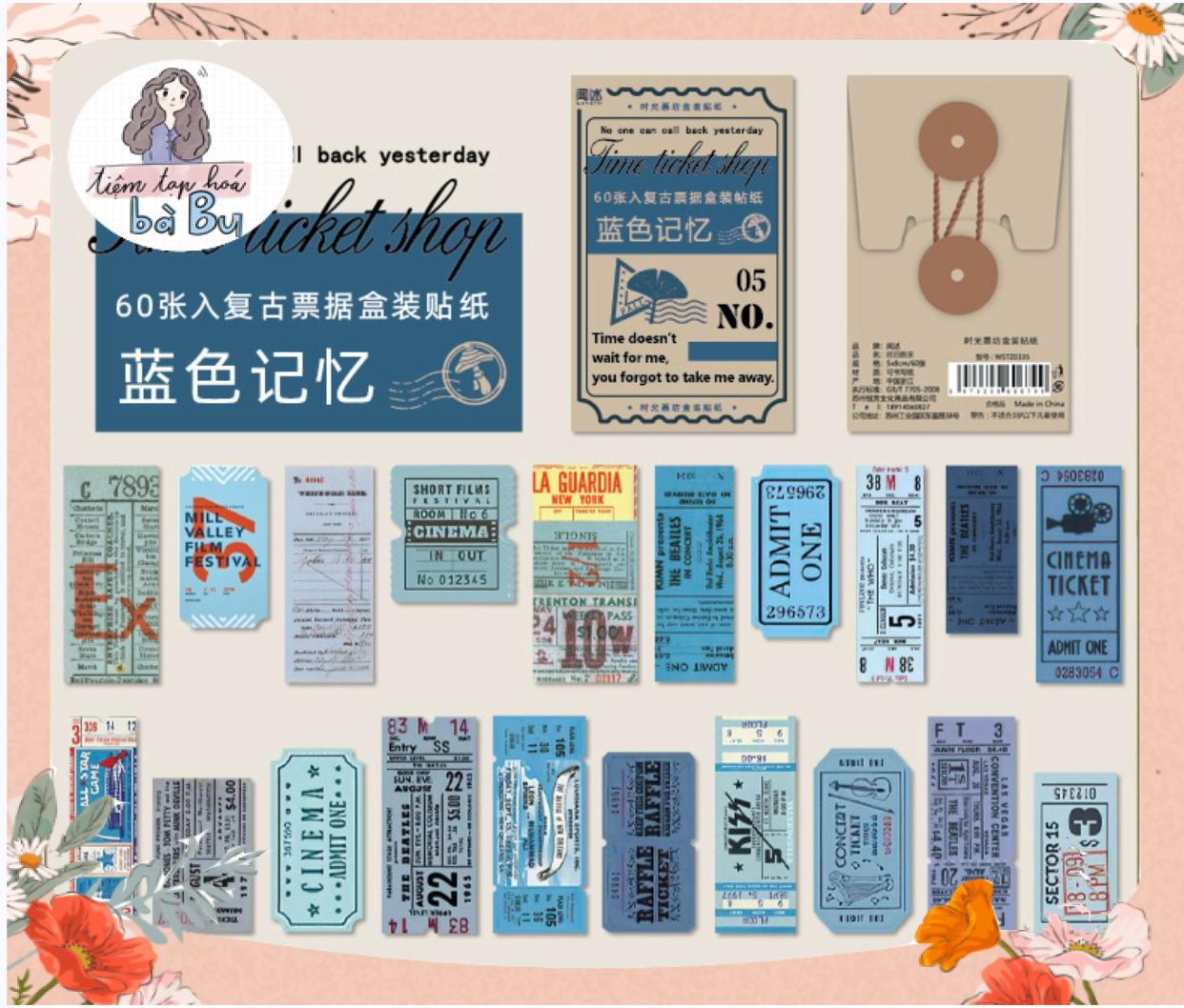 Hộp 60 pcs stickers kiểu vé ticket nhiều tông màu dùng để trang trí vintage cổ điển junkjournal