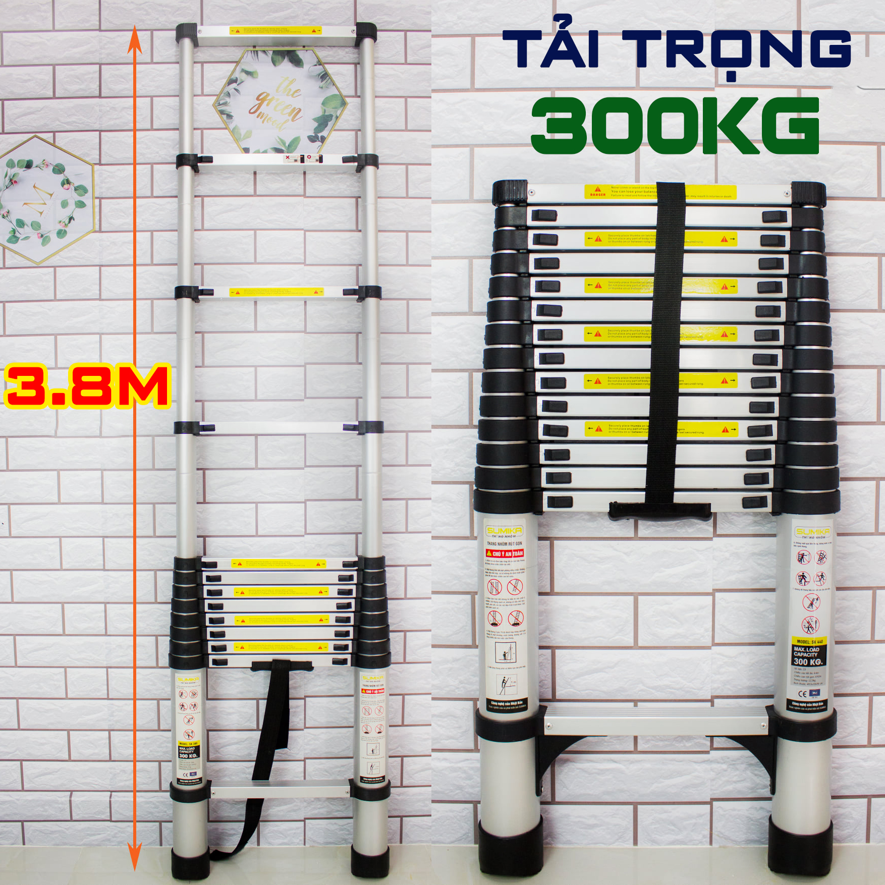 Thang nhôm rút đơn xếp gọn 5m1 SUMIKA SK 510 New ( màu bạc ). An toàn – Tiện lợi – Tiết kiệm ,15 bậc, tải trọng 300kg, bảo hành 2 năm.