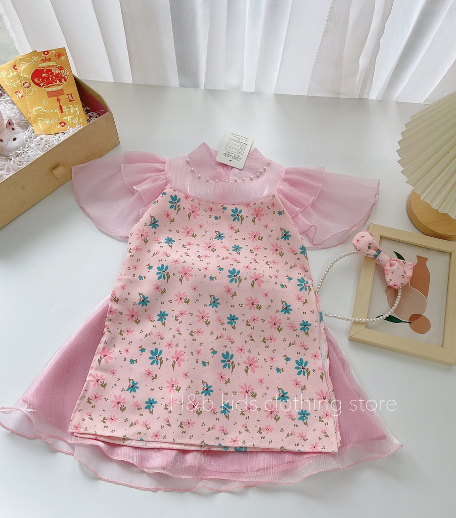 áo dài cách tân hoa hồng lụa đáng yêu cho bé 10-20kg