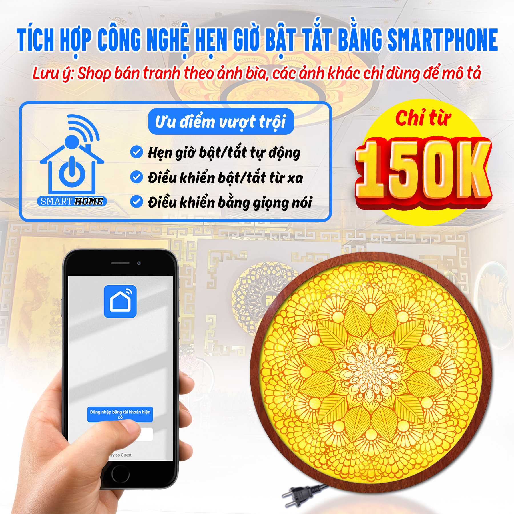 Đèn hào quang mandala lá bồ đề in tranh trúc chỉ chân thiện mỹ, trang trí bàn thờ phật, treo phòng thờ tc-hq-35