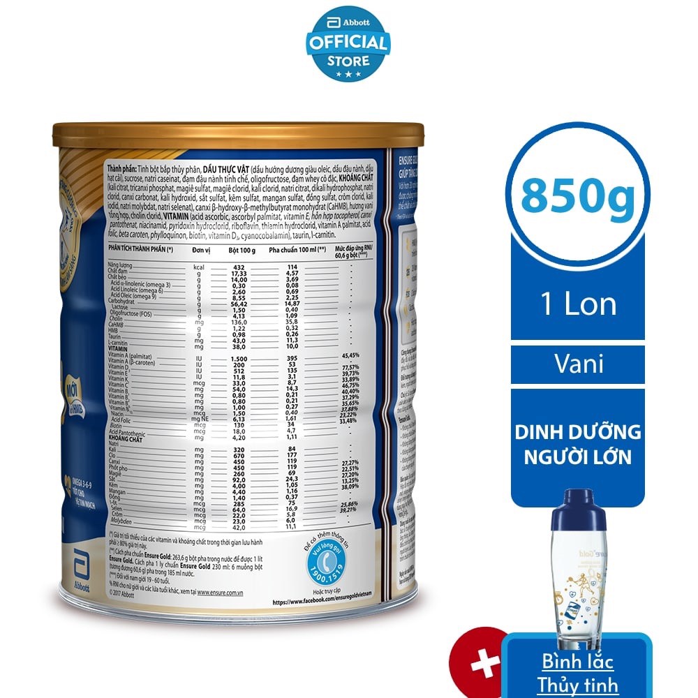 [Tặng Bình lắc Thủy tinh] Sữa bột Ensure Gold Vani 850G/lon