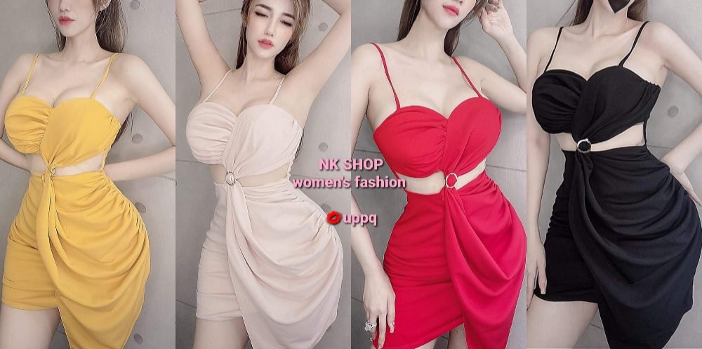 Đầm body 2 dây đắp vạt chéo phối lưới bụng