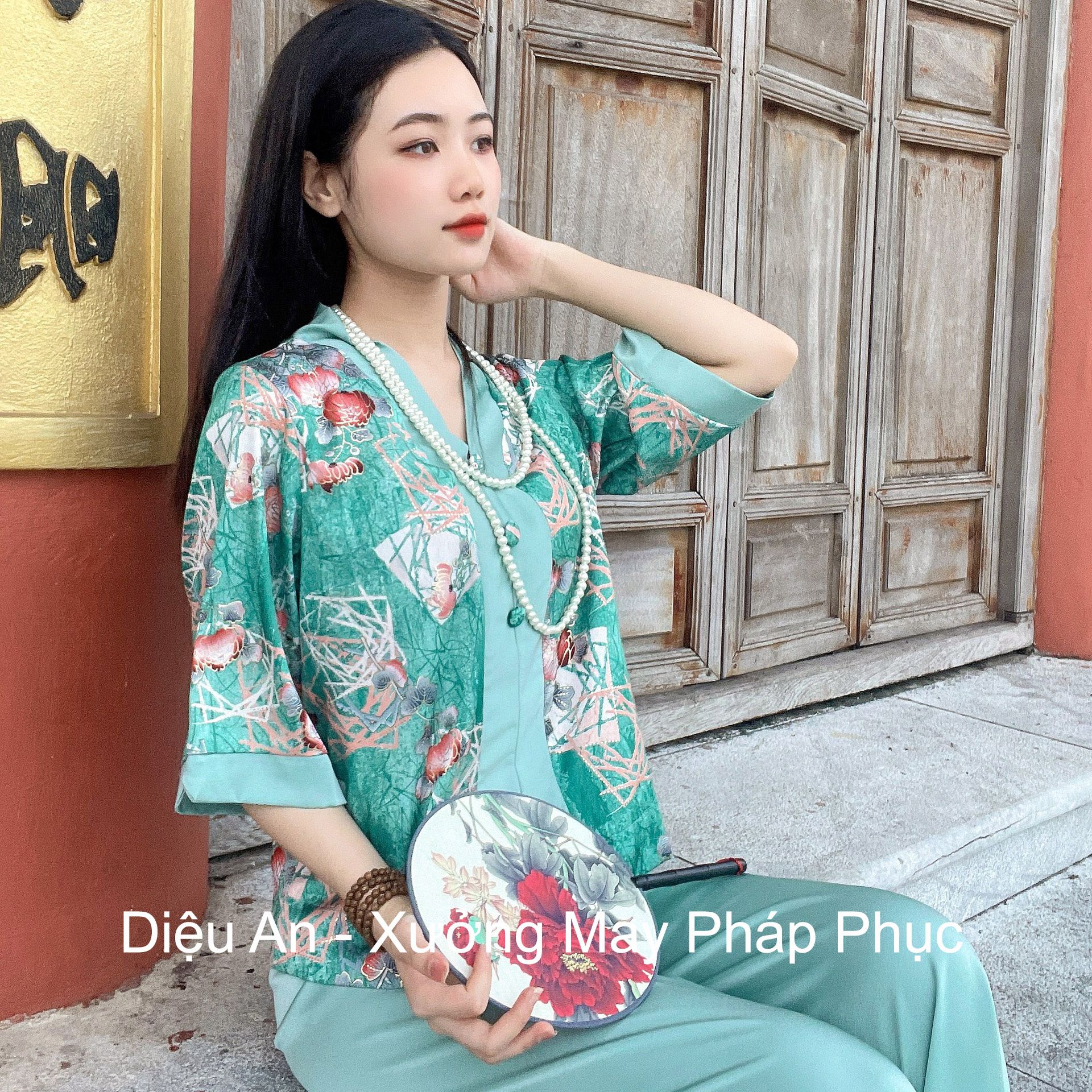 Set Lụa Cao cấp Đi Lễ Chùa Màu Xanh Mint 2 - Pháp Phục Đồ Lam